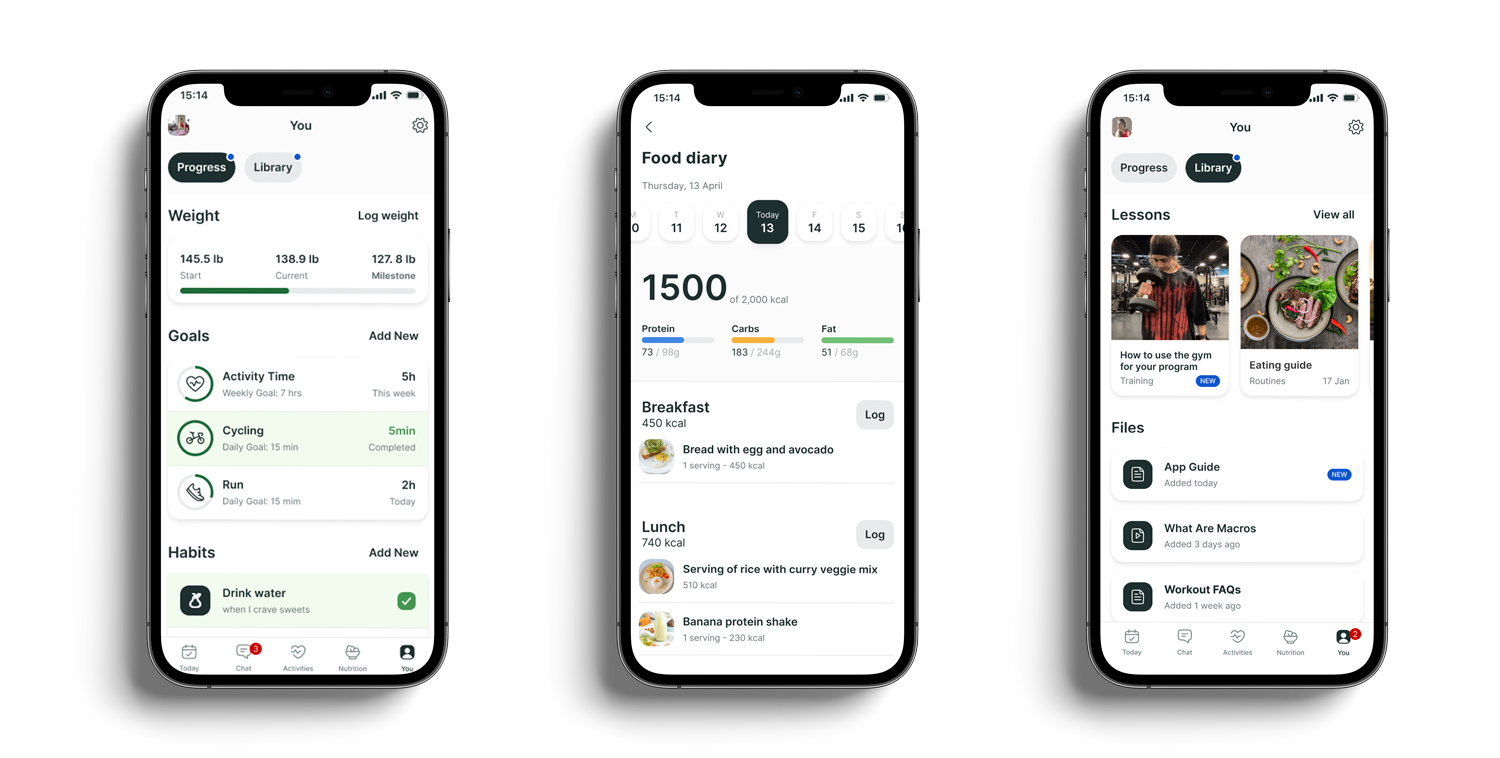 A mockup of the coaching app showcasing the different features.